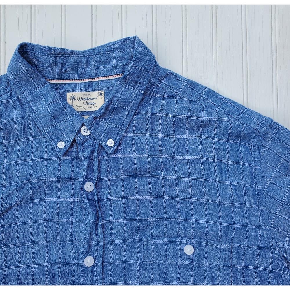 Weatherproof Vintage Linen Blend Shirt Men XL Blue Short Sleeve Button Casual